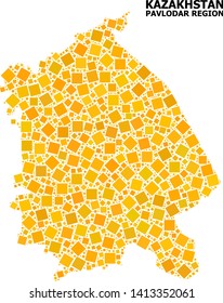 Gold square pattern vector map of Pavlodar Region. Abstract collage geographic map of Pavlodar Region is combined from randomized flat rotated square points.