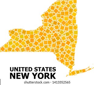 Gold square pattern vector map of New York State. Abstract collage geographic map of New York State is done with random flat rotated square dots. Vector illustration in yellow golden color hues.