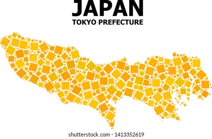 Gold square pattern vector map of Tokyo Prefecture. Abstract composition geographic map of Tokyo Prefecture is designed from scattered flat rotated square parts.