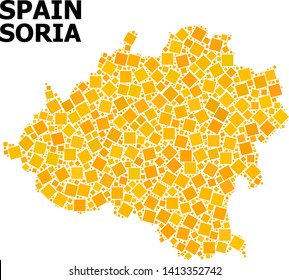 Gold square pattern vector map of Soria Province. Abstract composition geographic map of Soria Province is created with scattered flat rotated square elements.
