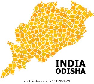 Gold square pattern vector map of Odisha State. Abstract concept geographic map of Odisha State is created with random flat rotated square items. Vector illustration in yellow golden color shades.