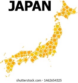 Gold square pattern vector map of Japan. Abstract mosaic geographic map of Japan is done from randomized flat rotated square items. Vector illustration in yellow golden color variations.