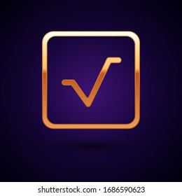 Gold Square root icon isolated on black background.  Vector Illustration