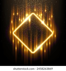 Gold square shape border with flash rays and sparks vector illustration. Realistic 3D shiny golden frame with edges and fiery flare, precious jewelry and abstract star dust glow on black background.