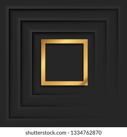 Gold square vintage frame with shadow on black background. Golden luxury rectangular border - realistic vector illustration