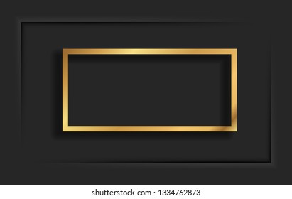 Gold square vintage frame with shadow on black background. Golden luxury rectangular border - realistic vector illustration