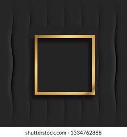 Gold square vintage frame with shadow on black background. Golden luxury rectangular border - realistic vector illustration