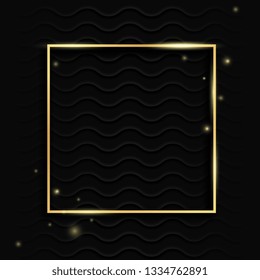 Marco vintage cuadrado dorado con sombra sobre fondo negro. Borde rectangular de lujo dorado - Ilustración vectorial realista