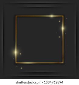 Marco vintage dorado con sombra sobre fondo negro. Borde rectangular de lujo dorado: ilustración vectorial realista