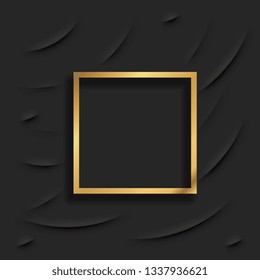 Gold square vintage frame with shadow on black background. Golden luxury rectangular border - realistic vector illustration