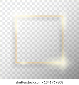 Gold square vintage frame with shadow on transparent background. Golden luxury rectangular border - realistic vector illustration