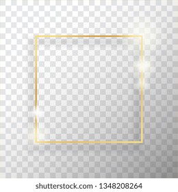 Gold square vintage frame with shadow on transparent background. Golden luxury rectangular border - realistic vector illustration