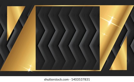 Gold square vintage frame with shadow on black background. Golden luxury rectangular border - realistic vector illustration