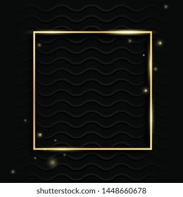 Gold square vintage frame with shadow on black background. Golden luxury rectangular border - realistic vector illustration