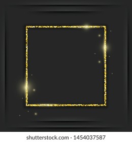 Gold square vintage frame with shadow on black background. Golden luxury rectangular border - realistic vector illustration