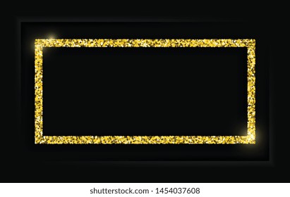 Gold square vintage frame with shadow on black background. Golden luxury rectangular border - realistic vector illustration