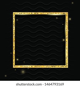 Gold square vintage frame with shadow on black background. Golden luxury rectangular border - realistic vector illustration