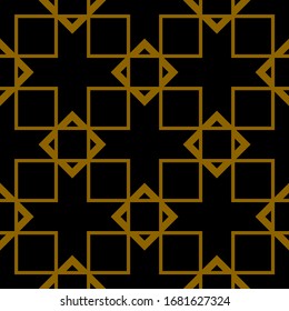 Gold squares are laid out on top of each other on a black background. Seamless modern design.