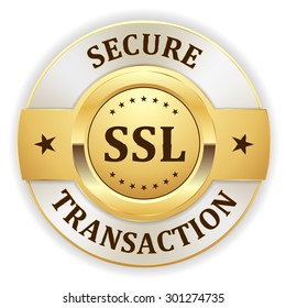 Gold ssl secure transaction badge on white background