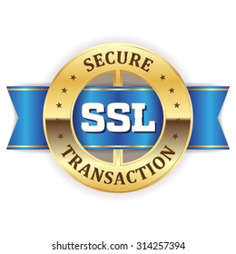 Gold Ssl Secure Transaction Badge With Blue Ribbon On White Background