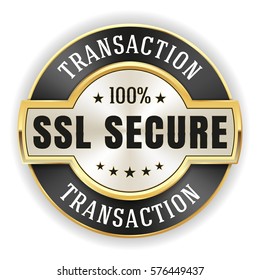 Gold Ssl Transaction Badge / Button With Black Border On White Background