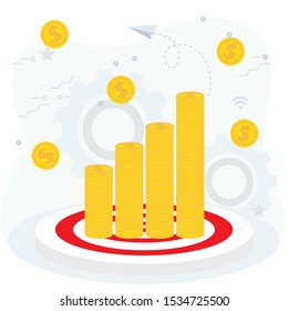 Gold stack of bitcoin coins with Profit money or budget on dart board. Cash and rising graph arrow up, concept of business success.
