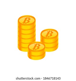 Gold stack of bitcoins cryptocurrency coins. Money icon in isometric style. Business concept, finance and Internet online payment system. Vector illustration sign on white background.
