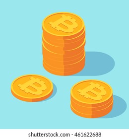 Acumulación de oro de monedas de criptomoneda. Icono de dinero en estilo isométrico. Concepto de negocio, finanzas y sistema de pago en línea de Internet. Signo de ilustración del vector en un fondo azul