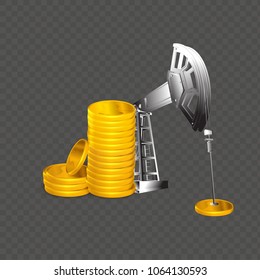 Gold stack coins and oil tower. Vector Illustration.