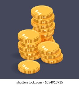 Gold stack coins. Vector isometric money icon on a colored background. Flat icon in isometric style. Money gold coins stacks. 