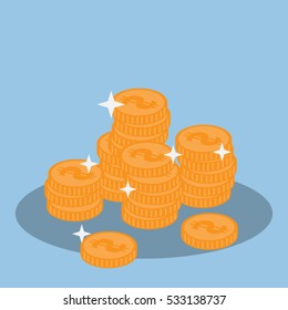 Gold stack of dollar coins. Vector isometric money icon on a colored background. Money flat icon in isometric style.