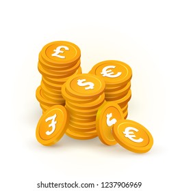 Gold stacks of coin with pound, dollar, euro signs isolated vector design elements. Collection of different international currency on white background.