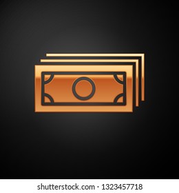 Gold Stacks paper money cash icon isolated on black background. Money banknotes stacks. Bill currency. Vector Illustration