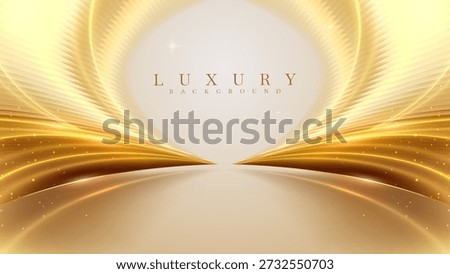 Gold stage with abstract golden wave line and light effect, Premium background for award ceremony or product promotion, vector illustration.