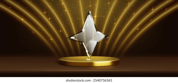 Gold stage with glass star award, glowing beams and sparkles. Realistic 3d vector illustration of dark scene with golden cylinder podium and plexiglass champion reward for winner certificate.