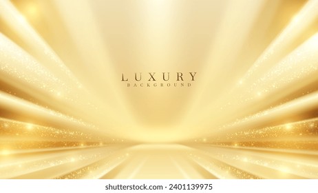 Gold stage scene with glitter light effects decorations and bokeh. Luxury background design concept. Vector illustration.