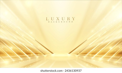 Gold stage scene with glitter light effects decorations and bokeh. Luxury background design concept. Vector illustration.