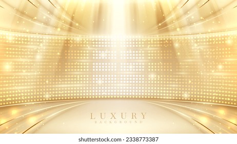 Gold stage scene with spotlight with beam effects decorations and bokeh. Luxury background.