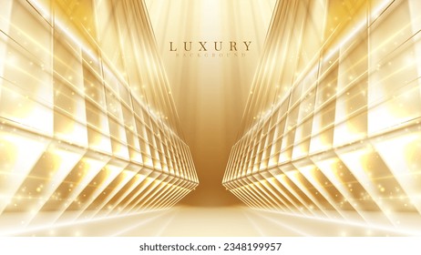 Gold stage scene with spotlight with beam effects decorations and bokeh. Luxury background.