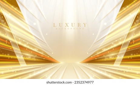 Gold stage scene with spotlight with beam effects decorations and bokeh. Luxury background.