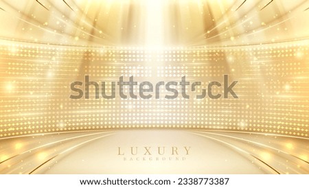 Gold stage scene with spotlight with beam effects decorations and bokeh. Luxury background.