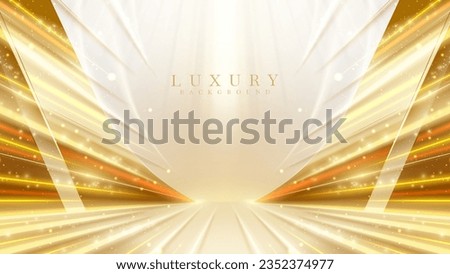 Gold stage scene with spotlight with beam effects decorations and bokeh. Luxury background.
