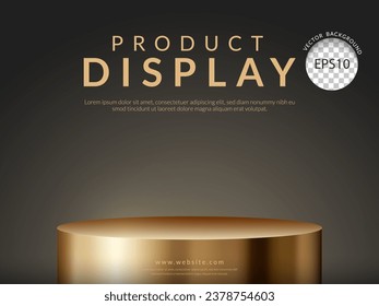 Gold stand podium pedestal on advertising product display backdrop on black background, Close up shot. Vector illustration