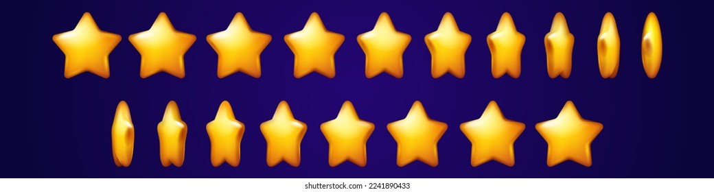 Gold star 3d animation sprite sheet. Game icons of bonus, gift, achievement. Storyboard with yellow shiny star turning around, vector cartoon set isolated on background