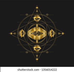 Gold star with all seeing eye and bird on the black background. Geometric pattern for print t shirt. Occult mandala. 