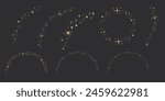Gold star arch celestial, blink star mystic ornament, shiny minimal decoration on dark background. Shiny elements, starry and dots silhouettes. Comets stars and abstract constellations.