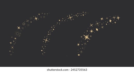 Gold star arch celestial, blink star mystic ornament, shiny minimal decoration on dark background. Shiny elements, starry and dots silhouettes. Comets stars and abstract constellations.