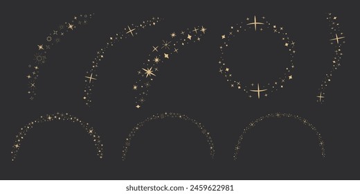 Gold star arch celestial, blink star mystic ornament, shiny minimal decoration on dark background. Shiny elements, starry and dots silhouettes. Comets stars and abstract constellations.