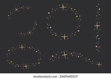 Arco de la estrella de oro celestial, estrella parpadeante marco de adorno místico, decoración mínima brillante, borde sobre fondo oscuro. Elementos brillantes, siluetas estrelladas y puntitos. Cometas, estrellas y constelaciones abstractas.