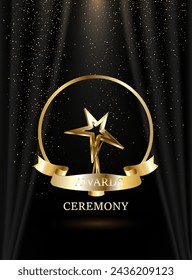 gold star award concept, vector isolated on black background and red glittering